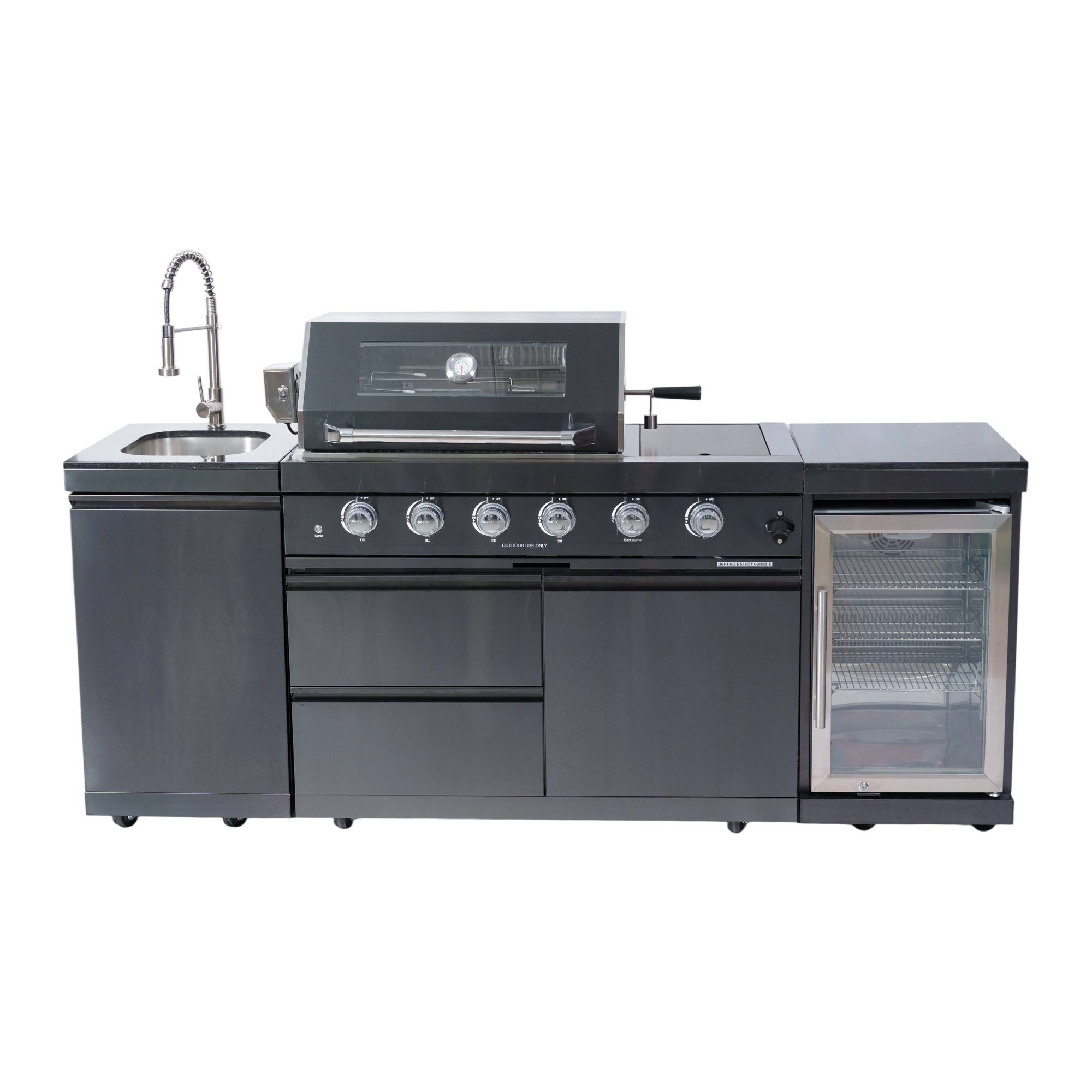 NG 85" 4-Burner 72,000 BTU Black Outdoor Kitchen Island Grill + Refrigerator + Sink