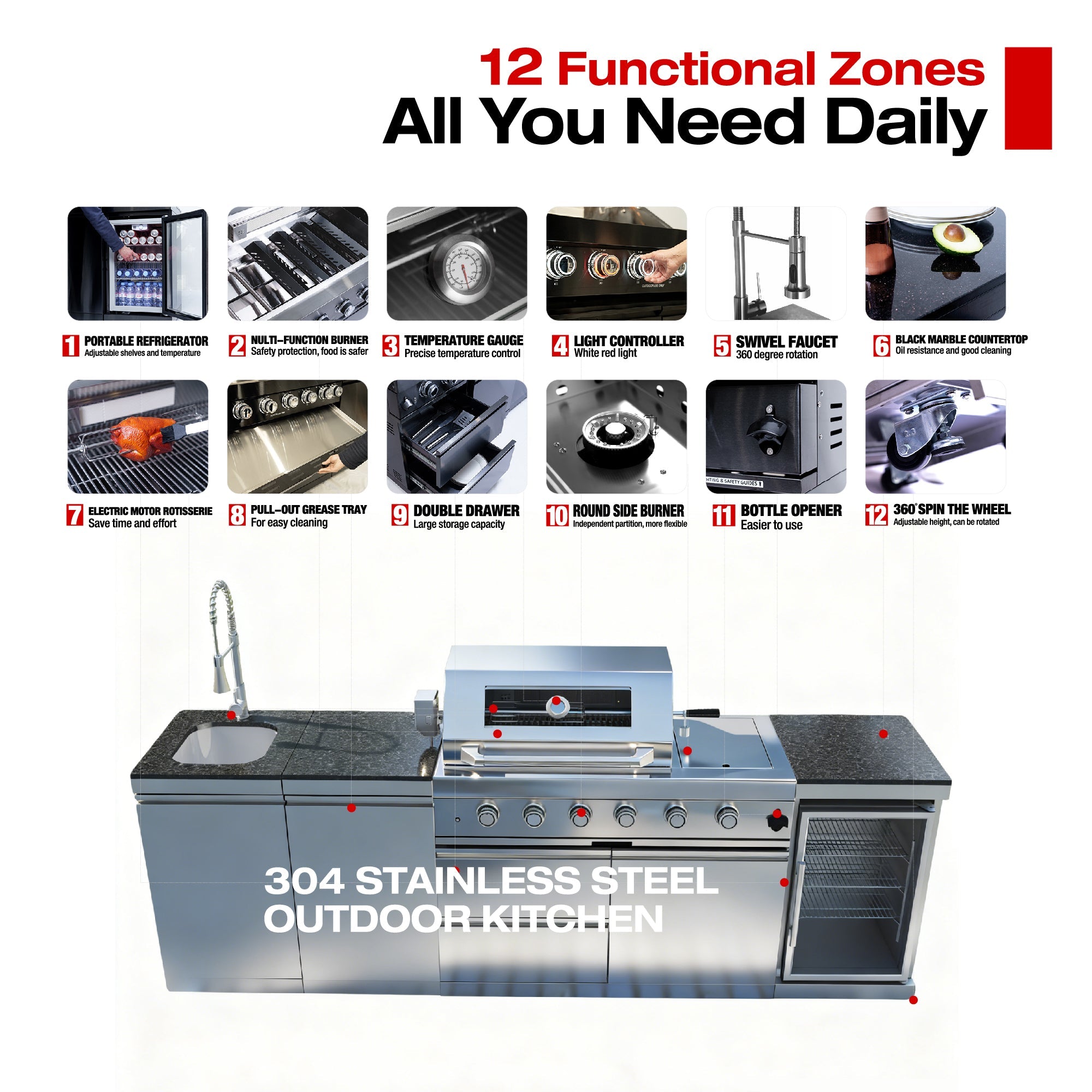 104" 4-Burner 72,000 BTU Silver Outdoor Kitchen Island Grill  with Storage Cabinets & Drawers