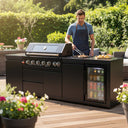 102" 6-Burner 85,000 BTU Black Outdoor Kitchen Island Grill + Refrigerator + Marble Countertops + Sink