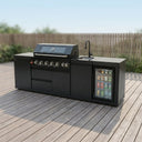 102" 6-Burner 85,000 BTU Black Outdoor Kitchen Island Grill + Refrigerator + Marble Countertops + Sink
