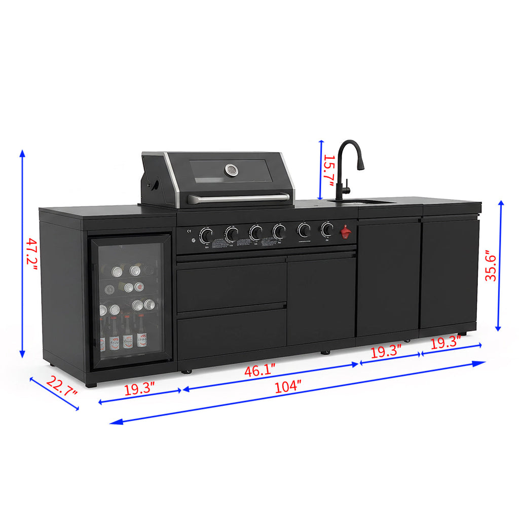 104" 4-Burner 72,000 BTU Black Outdoor Kitchen Bar Barbecue Island Grill + Wine Cooler + Sink