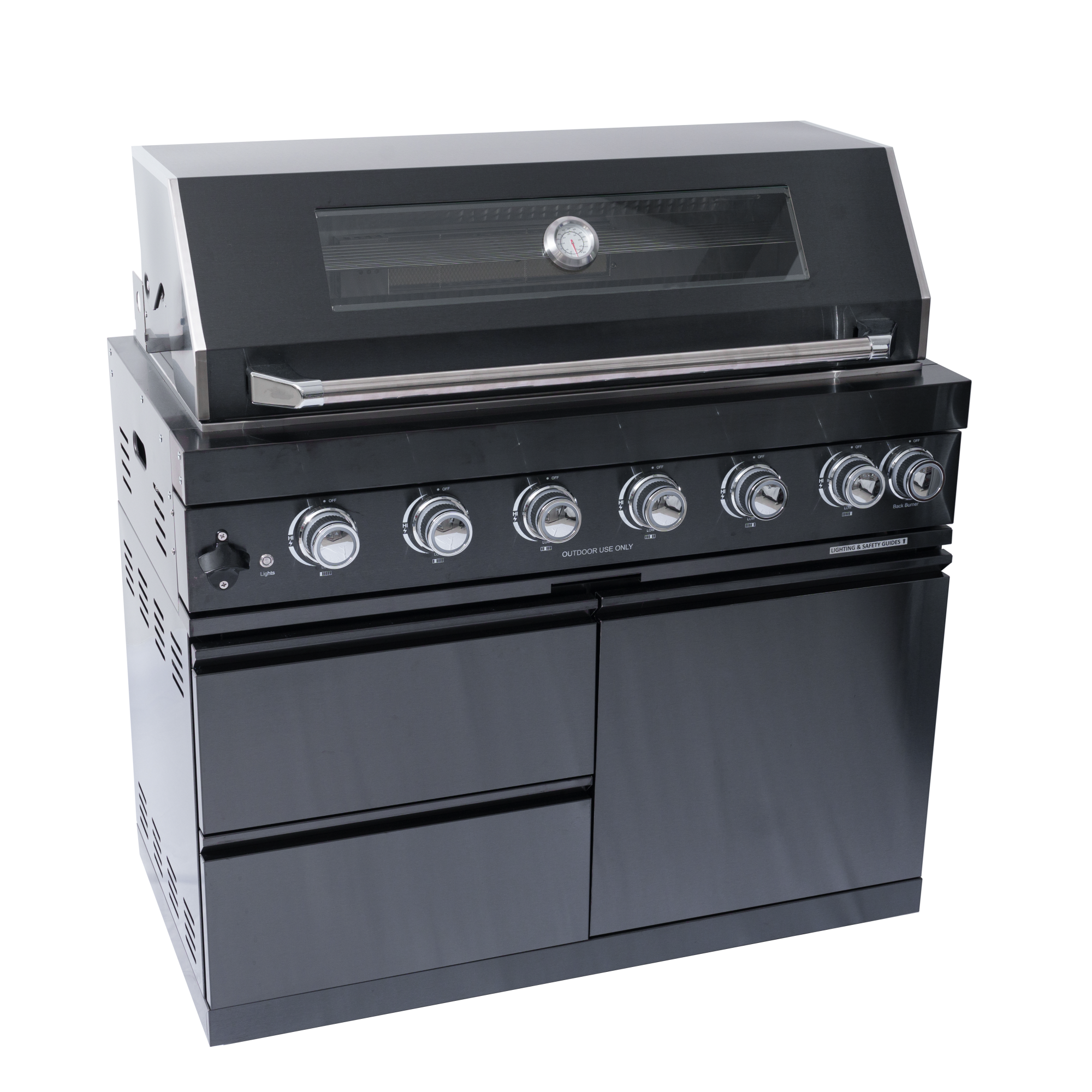 NG 85" 6-Burner 85,000 BTU Black Outdoor Kitchen Island Grill Refrigerator + Rotisserie Kit + Sink
