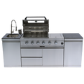 NG 85" 4-Burner 72,000 BTU Silver Outdoor Kitchen Island Grill + Side B & Storage Cabinets & Sink
