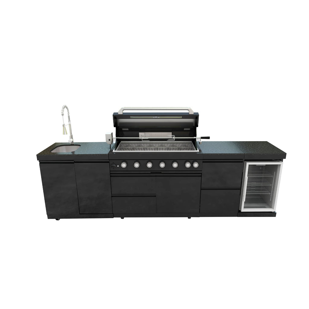 115" 6-Burner 85,000 Black Outdoor Kitchen Island Grill Rotisserie kit