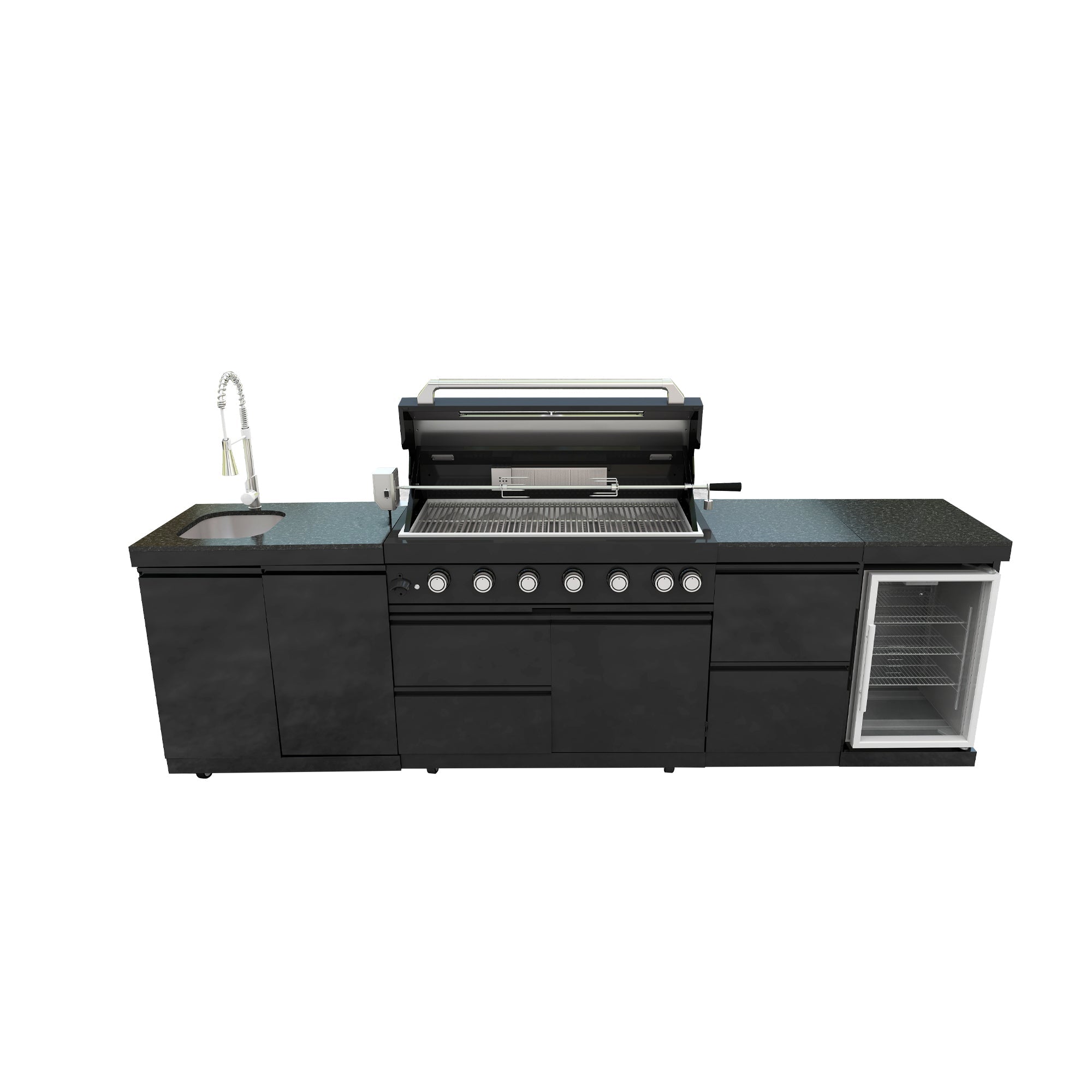 115" 6-Burner 85,000 Black Outdoor Kitchen Island Grill Rotisserie kit