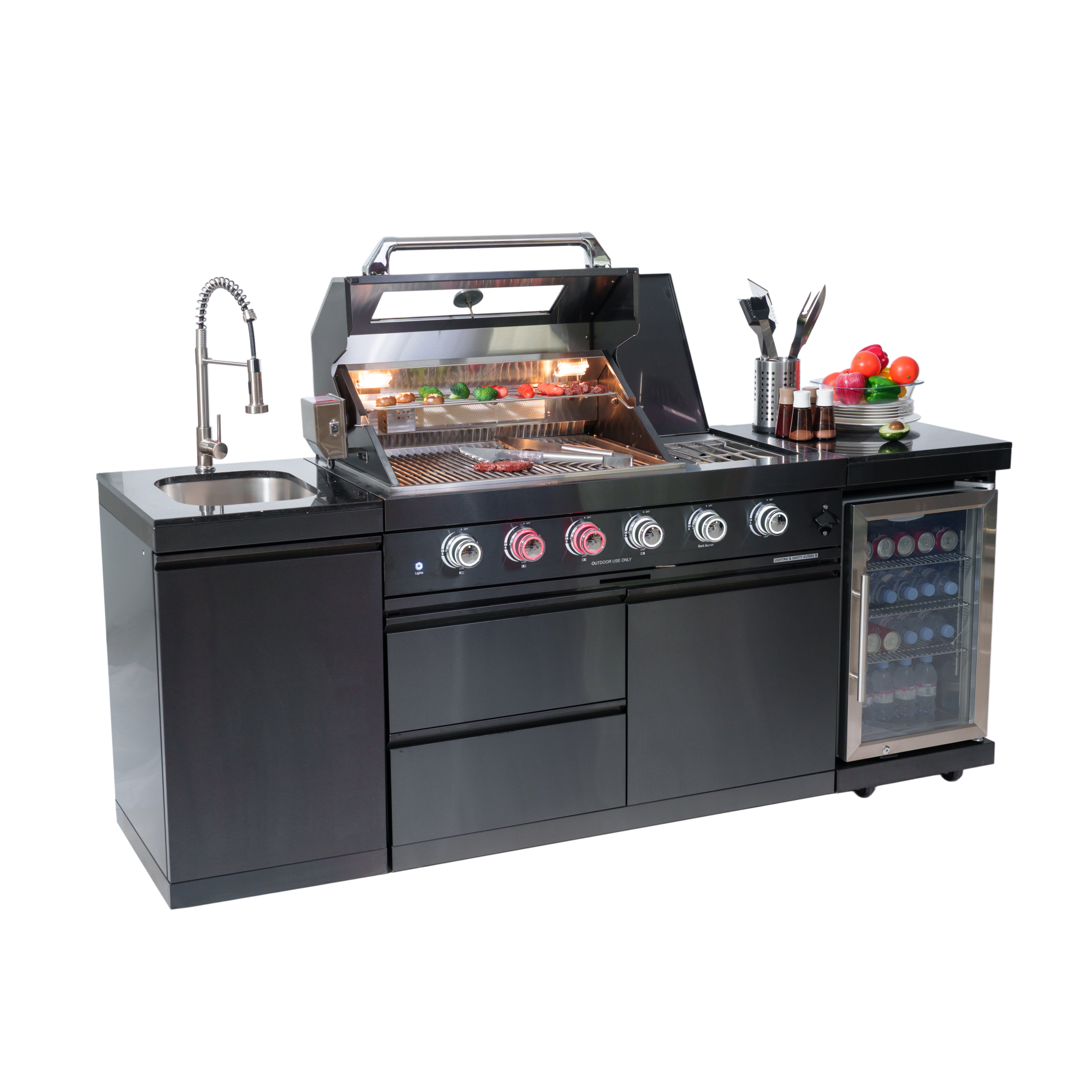 NG 85" 4-Burner 72,000 BTU Black Outdoor Kitchen Island Grill + Refrigerator + Sink