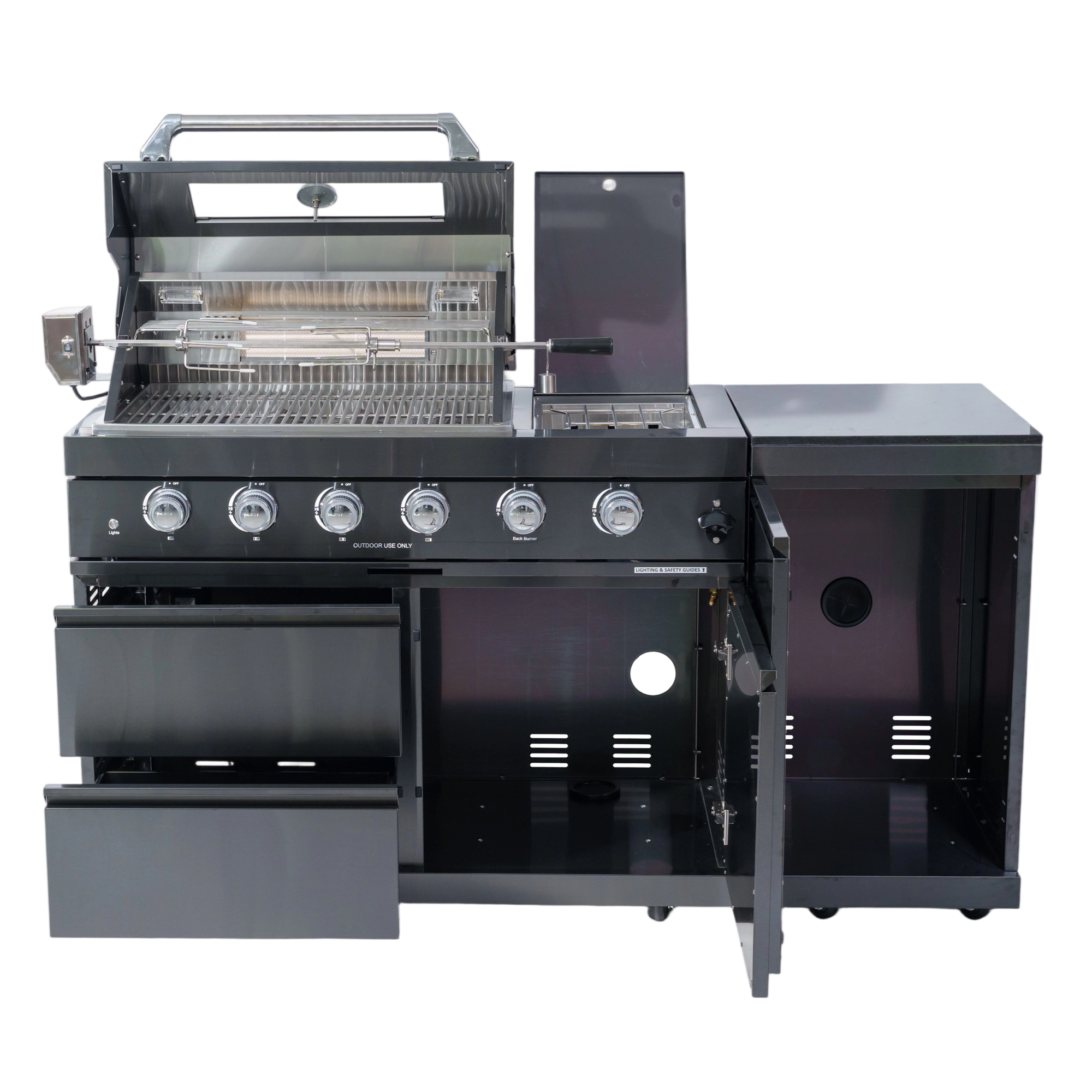 65" 4-Burner 72,000 BTU Black Outdoor Kitchen Island Grill + Side Burner + Rotisserie kit