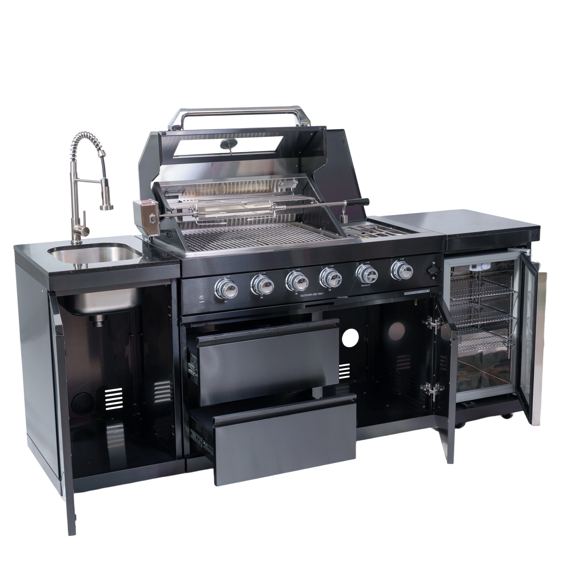 NG 85" 4-Burner 72,000 BTU Black Outdoor Kitchen Island Grill + Refrigerator + Sink