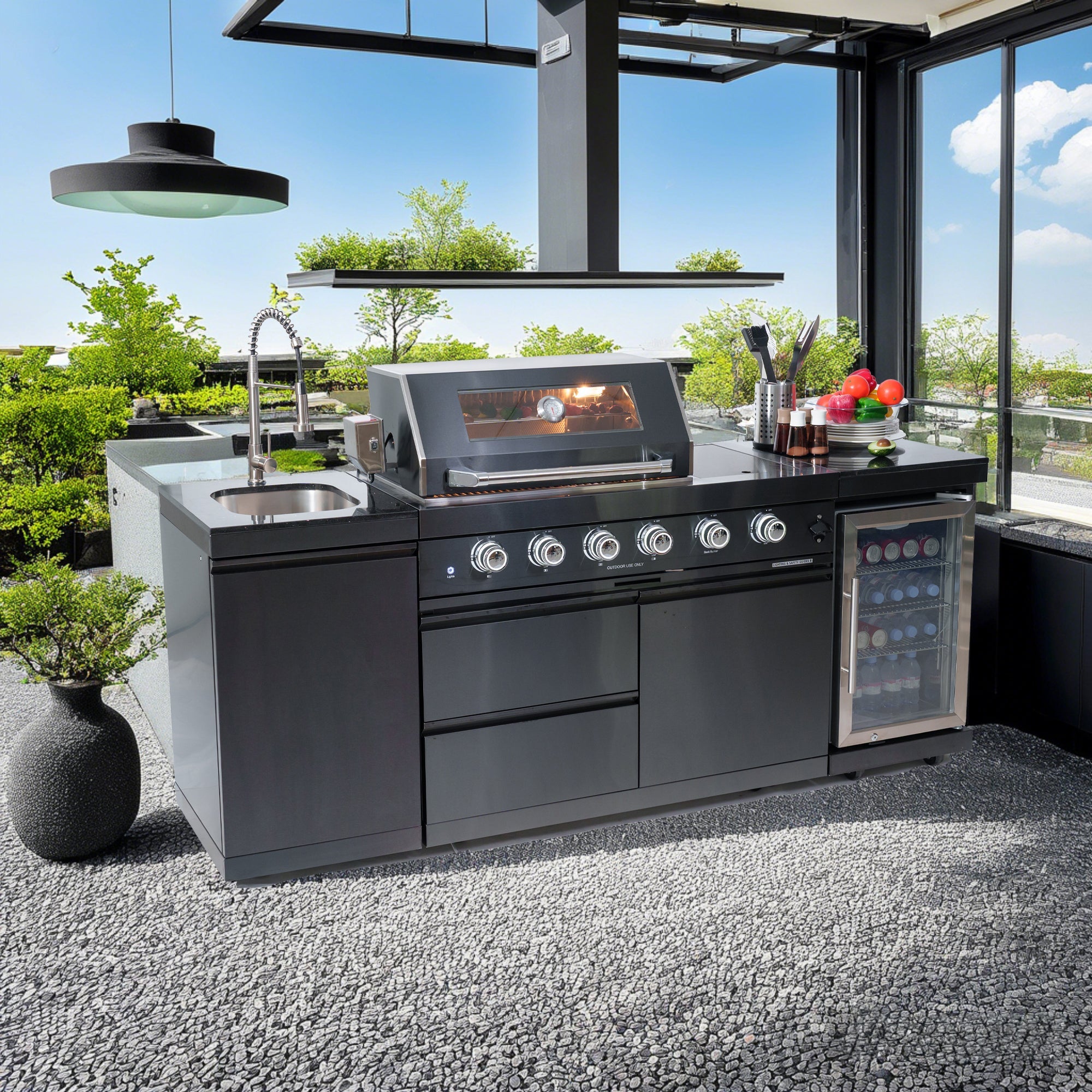 NG 85" 4-Burner 72,000 BTU Black Outdoor Kitchen Island Grill + Refrigerator + Sink