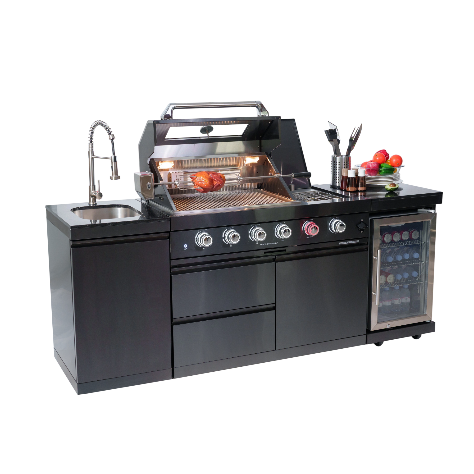 NG 85" 4-Burner 72,000 BTU Black Outdoor Kitchen Island Grill + Refrigerator + Sink