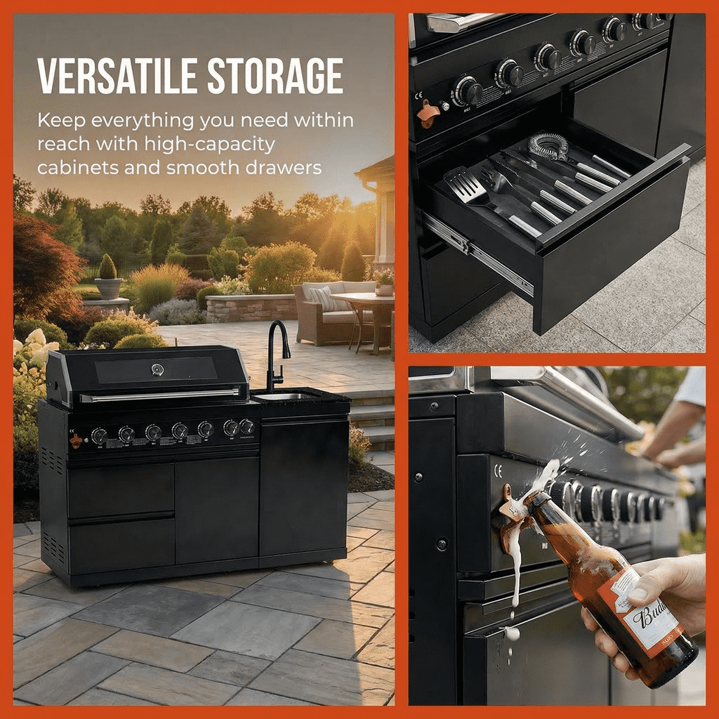 63" 6-Burner 85000 BTU Black Outdoor Kitchen Island Grill + Marble Countertops + Sink