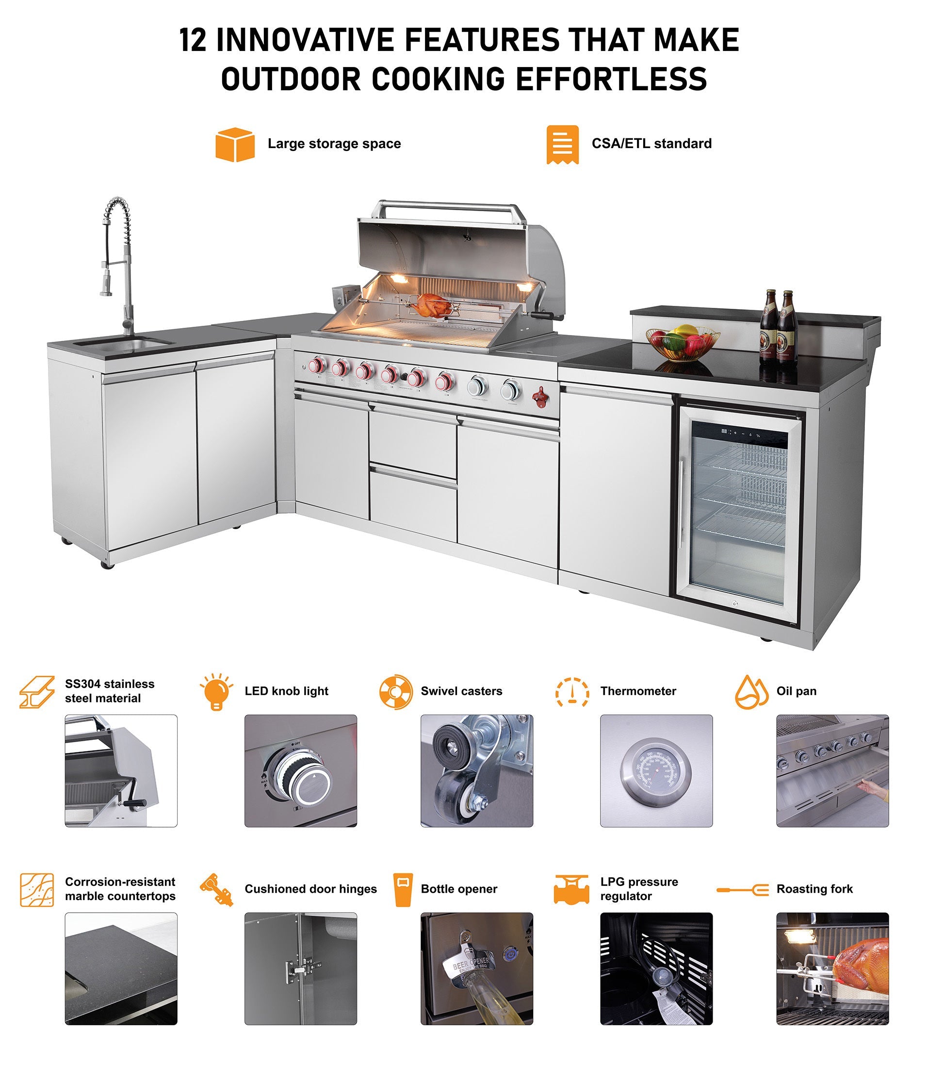 85.2" 4+1 Burner 71500 BTU Silver Outdoor Kitchen Island Grill + Sink + Refrigerator