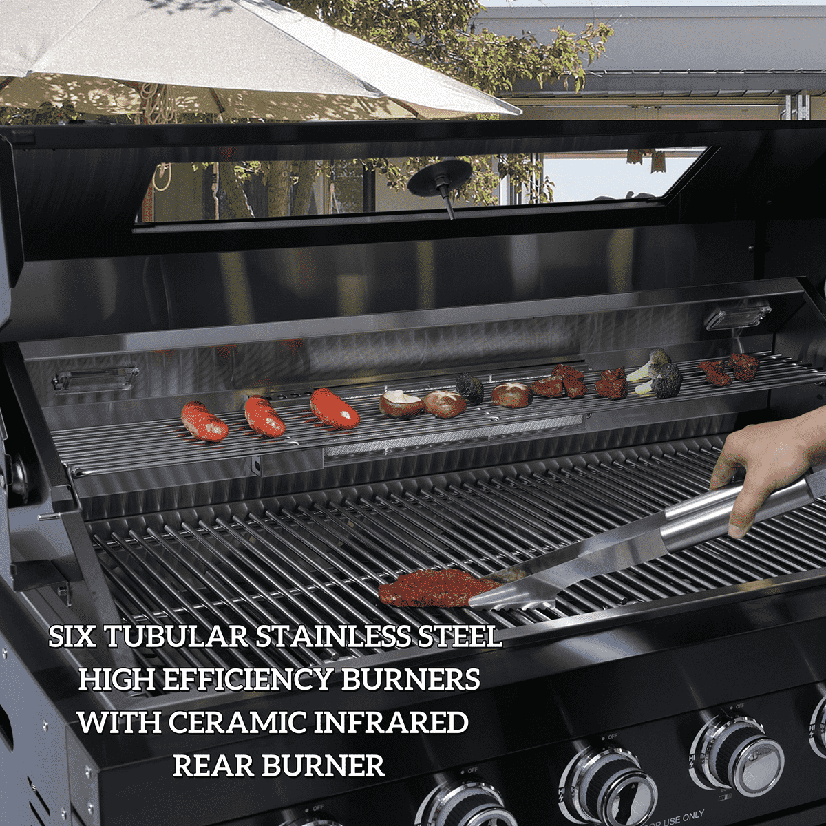 NG 85" 6-Burner 85,000 BTU Black Outdoor Kitchen Island Grill Refrigerator + Rotisserie Kit + Sink