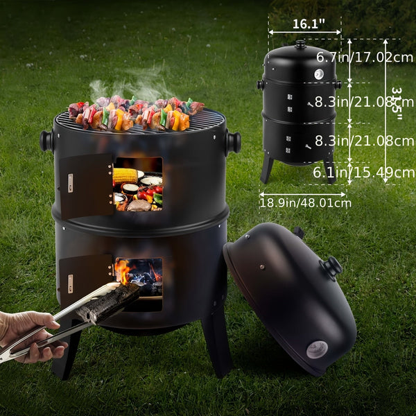 3-in-1 Charcoal Smoker Grill BBQ Fire Pit Portable Outdoor Camping Grill