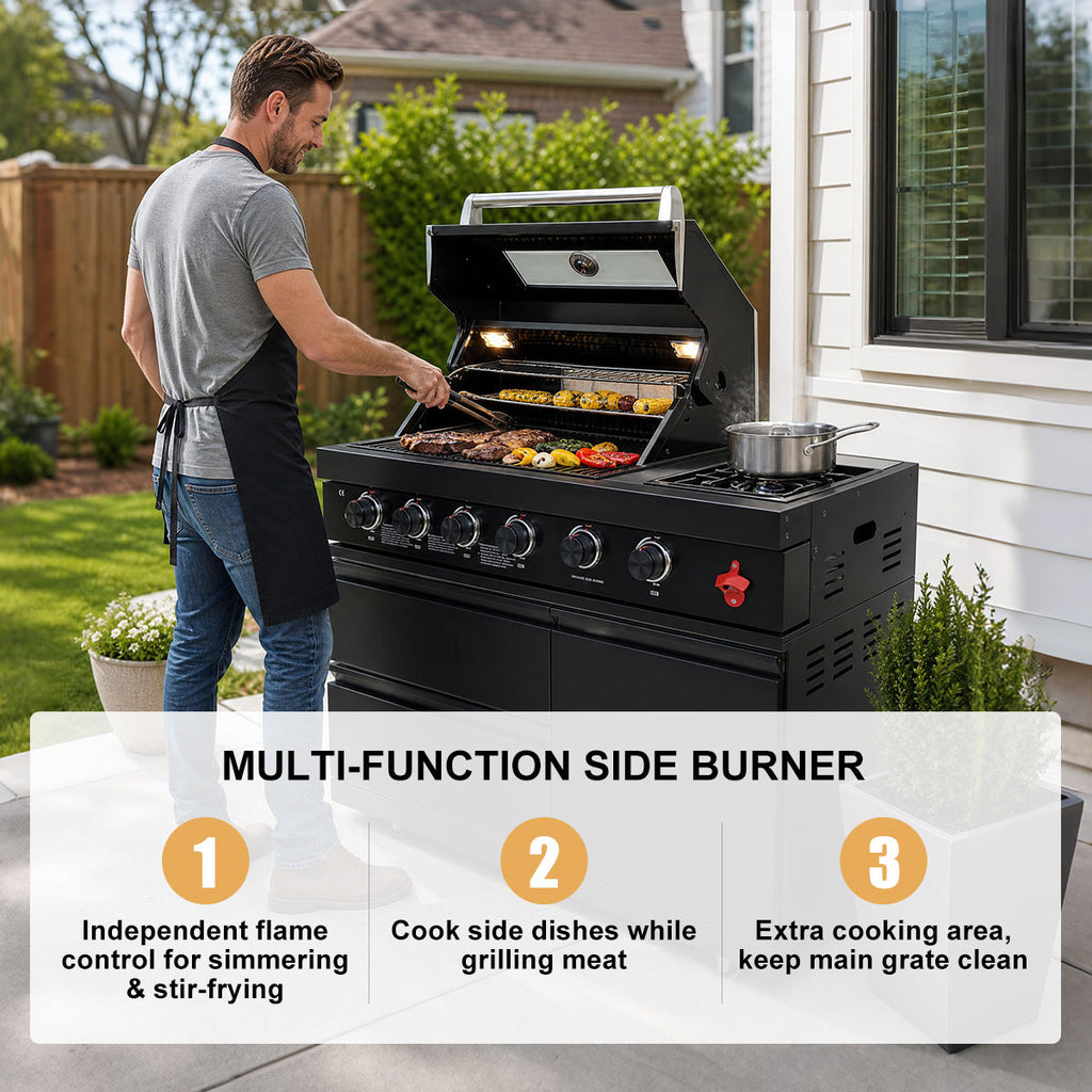 85" 4-Burner 72000 BTU Black Outdoor Kitchen Island Grill with Compact Refrigerator Marble Countertops Sink