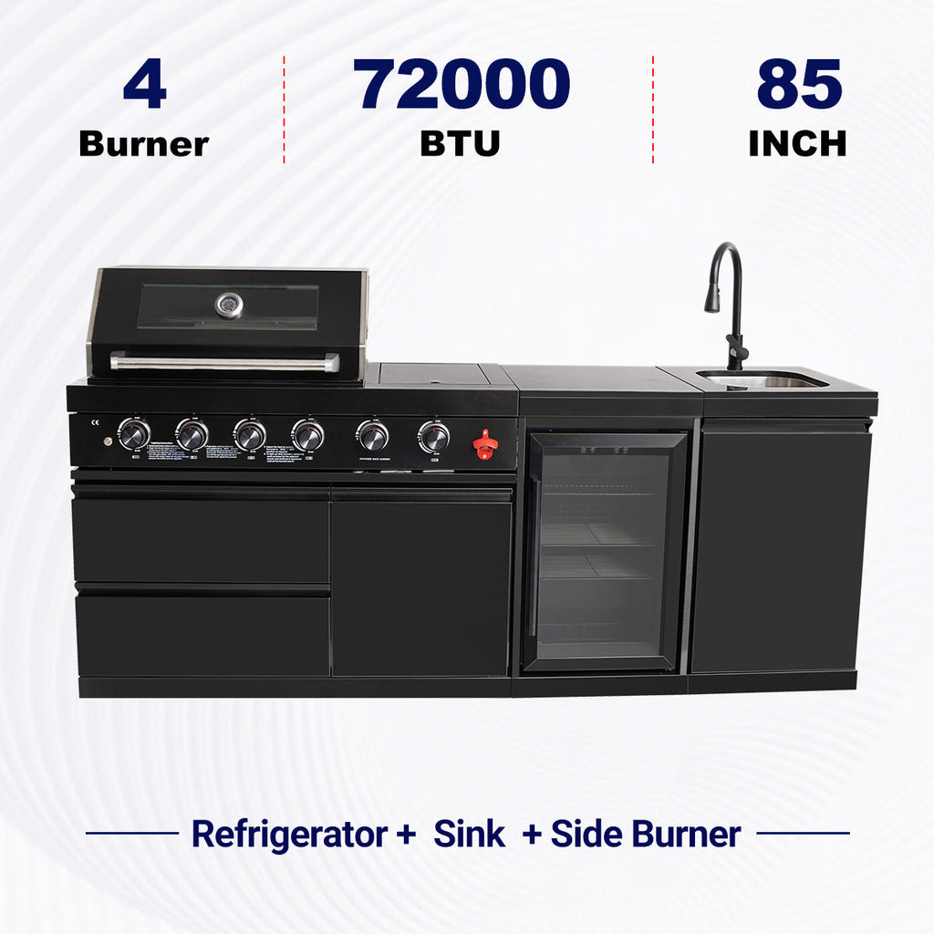 85" 4-Burner 72000 BTU Black Outdoor Kitchen Island Grill with Compact Refrigerator Marble Countertops Sink