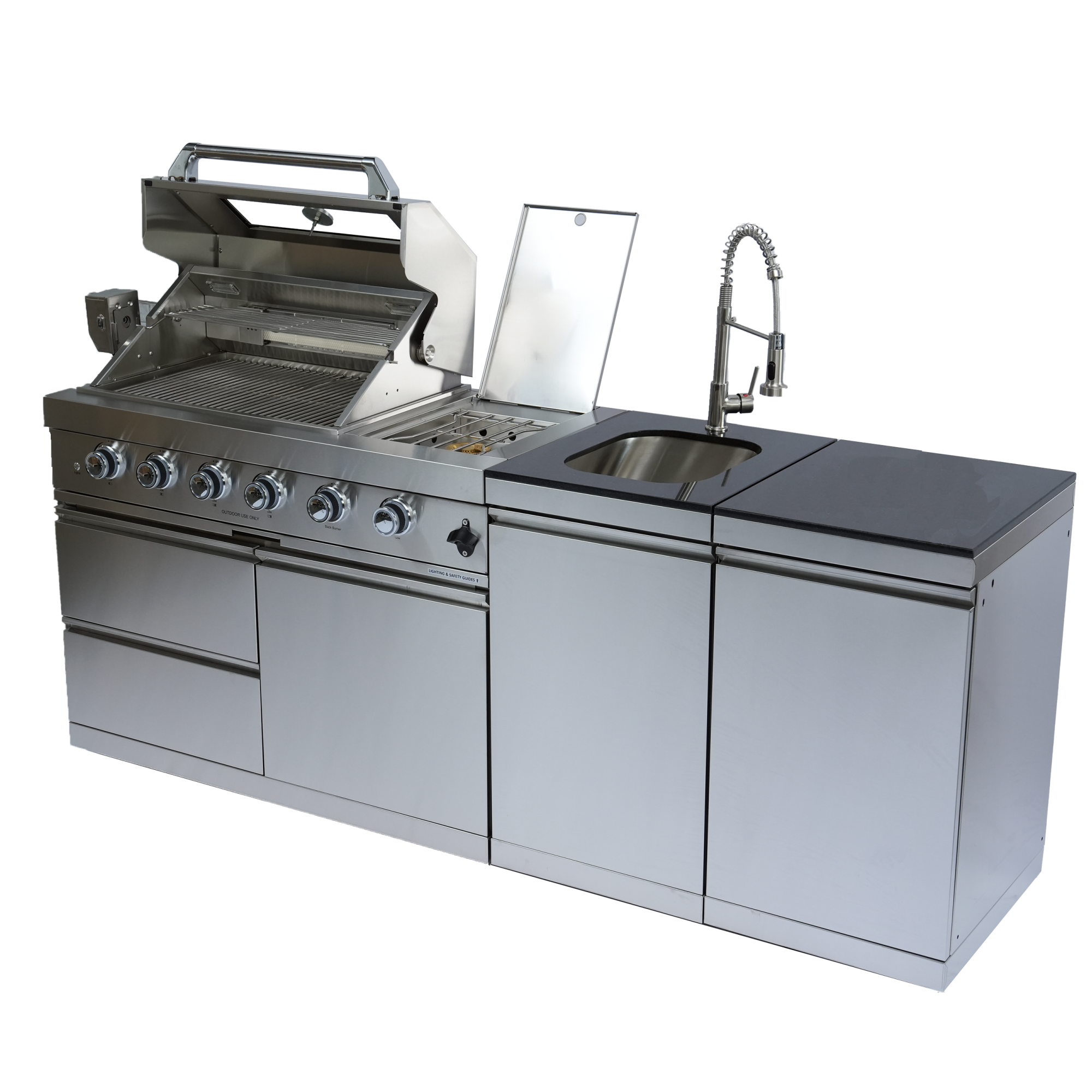 NG 85" 4-Burner 72,000 BTU Silver Outdoor Kitchen Island Grill + Side B & Storage Cabinets & Sink