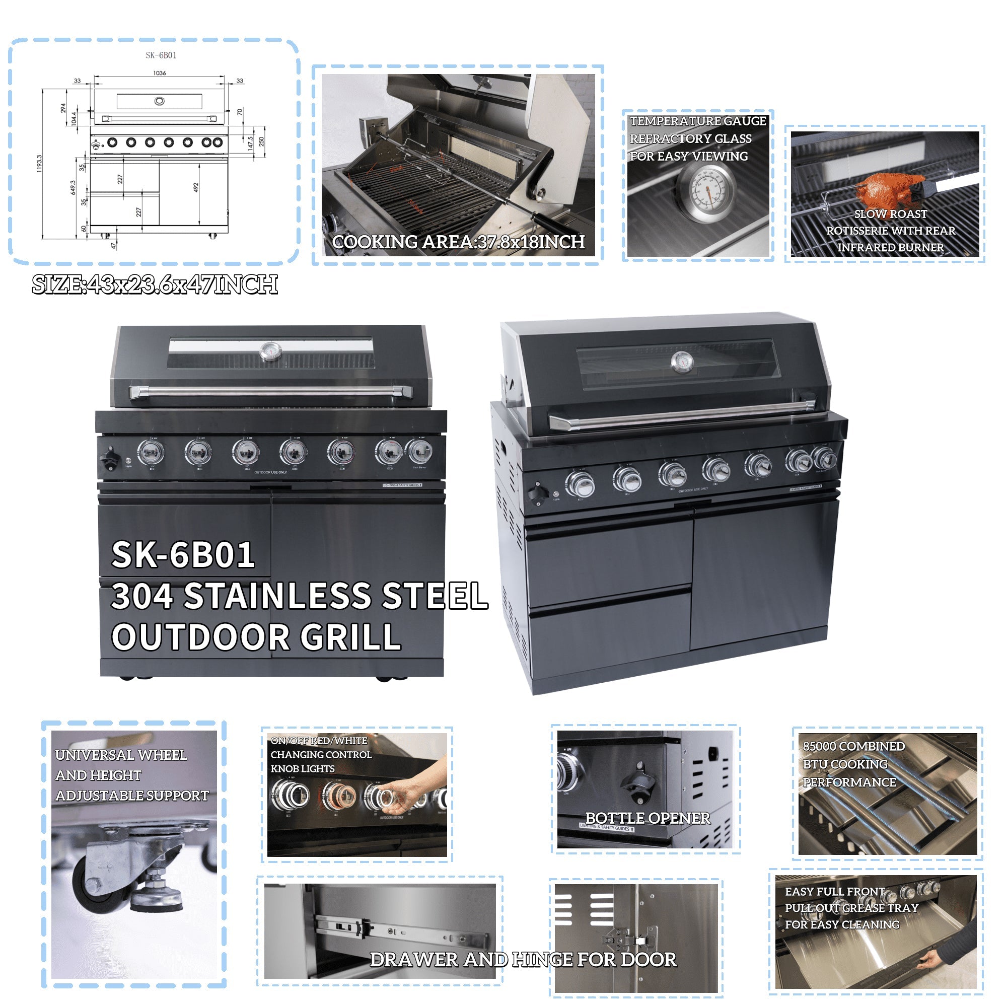 NG 85" 6-Burner 85,000 BTU Black Outdoor Kitchen Island Grill Refrigerator + Rotisserie Kit + Sink