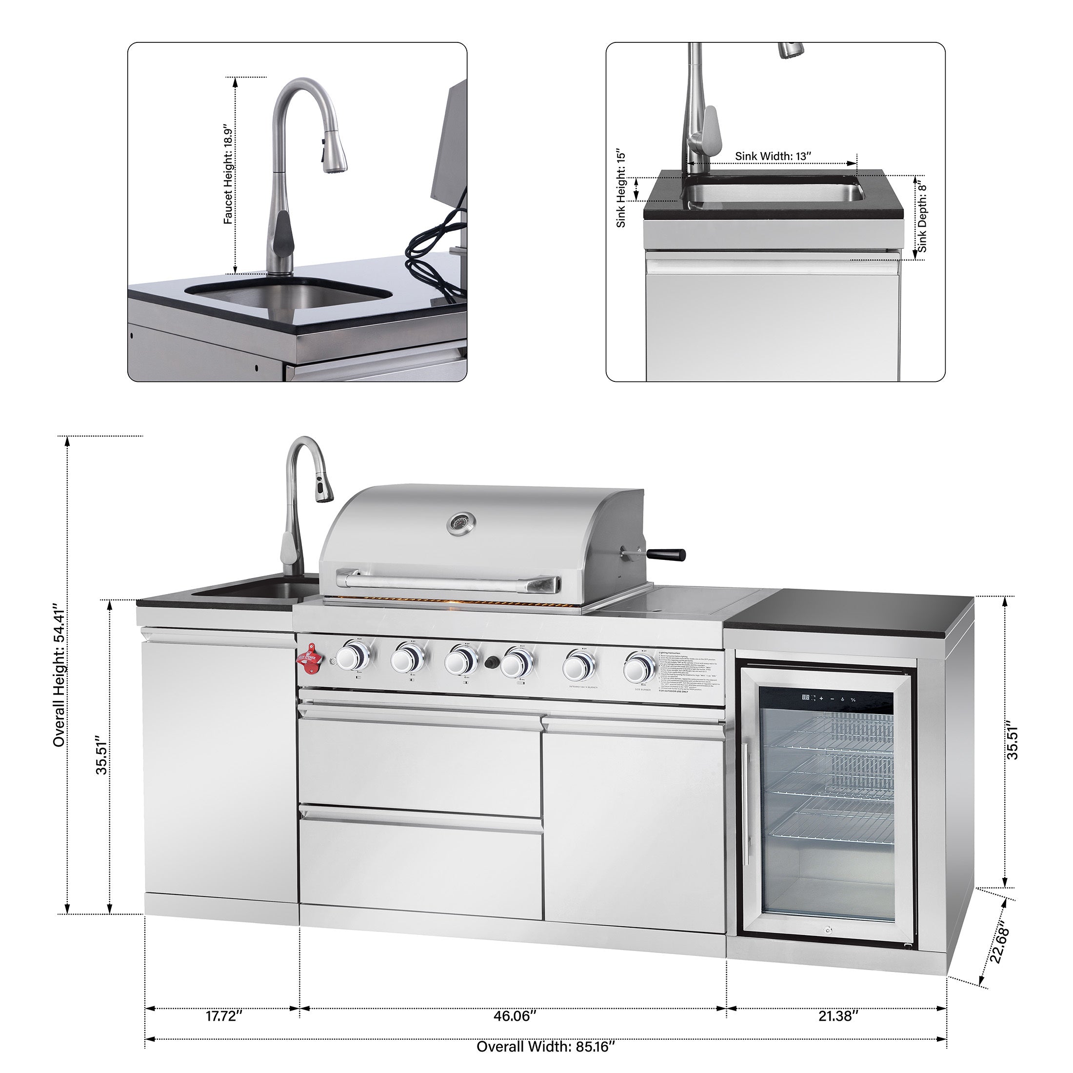 85.2" 4+1 Burner 71500 BTU Silver Outdoor Kitchen Island Grill + Sink + Refrigerator