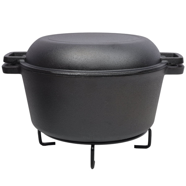 2 in 1 Pre-Seasoned Cast Iron Dutch Oven With Dual Handles, Outdoor Camping Deep Pot for Camping Fireplace Cooking BBQ Baking Campfire, 5 Quart.With 1pc Iron Pot Rack.