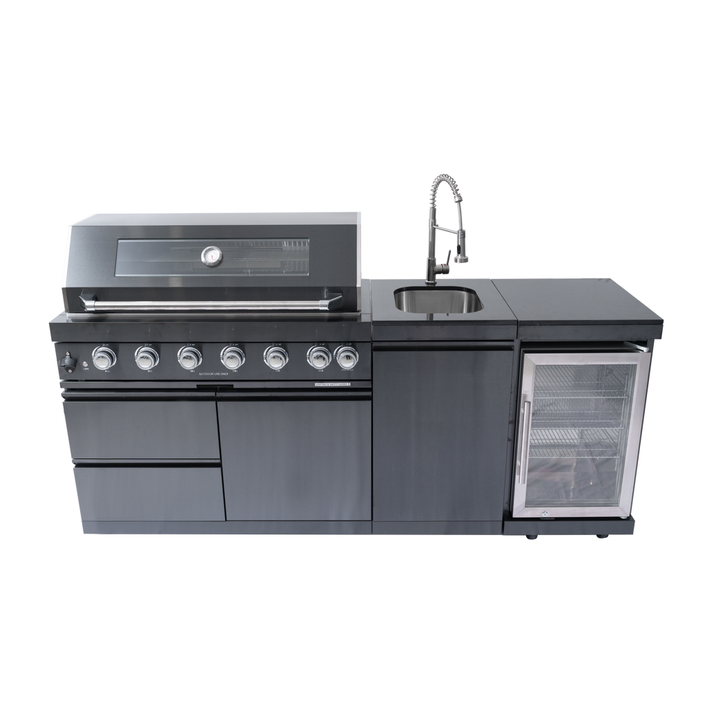 NG 85" 6-Burner 85,000 BTU Black Outdoor Kitchen Island Grill Refrigerator + Rotisserie Kit + Sink