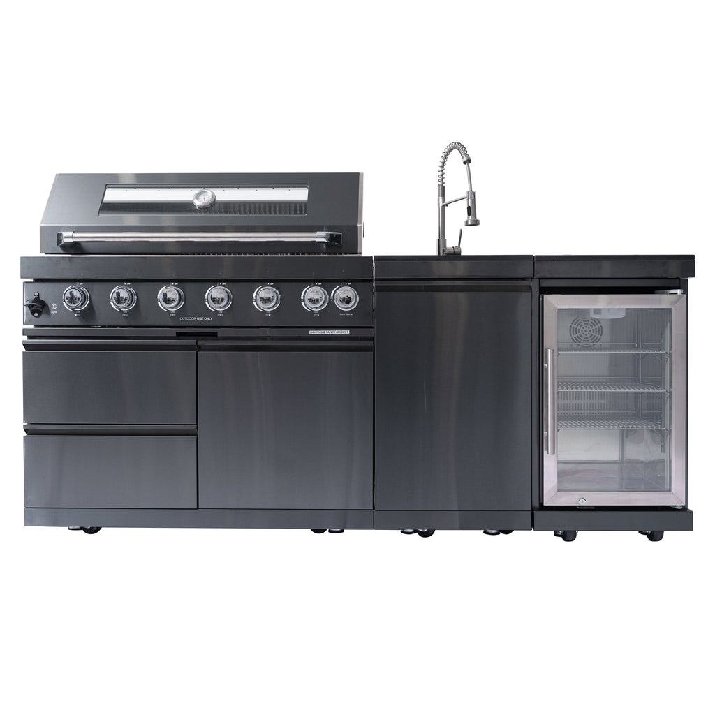 NG 85" 6-Burner 85,000 BTU Black Outdoor Kitchen Island Grill Refrigerator + Rotisserie Kit + Sink
