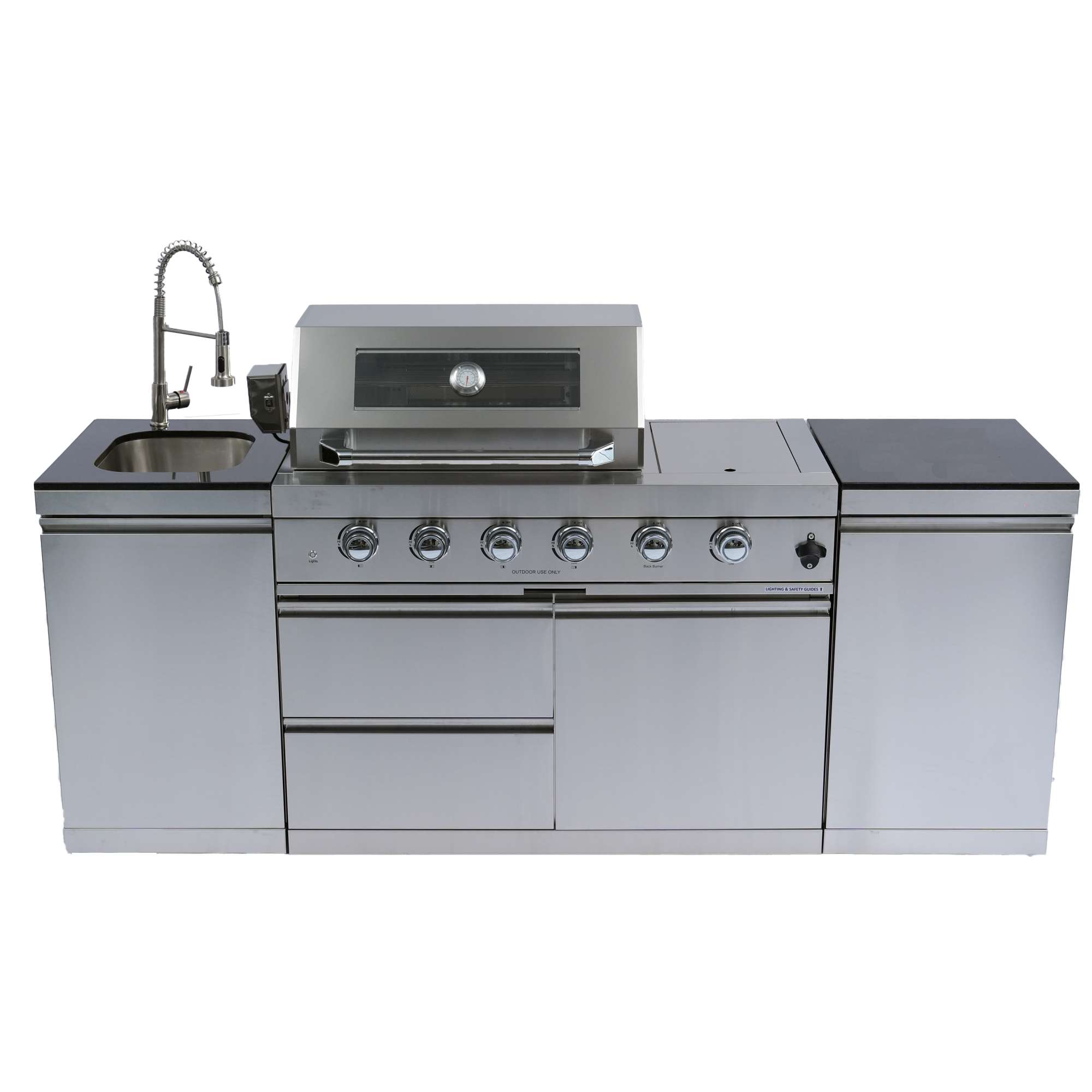 NG 85" 4-Burner 72,000 BTU Silver Outdoor Kitchen Island Grill + Side B & Storage Cabinets & Sink